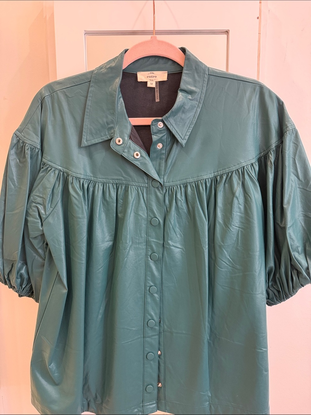 entro Teal Faux Leather Button-Front Puff Sleeve Shirt